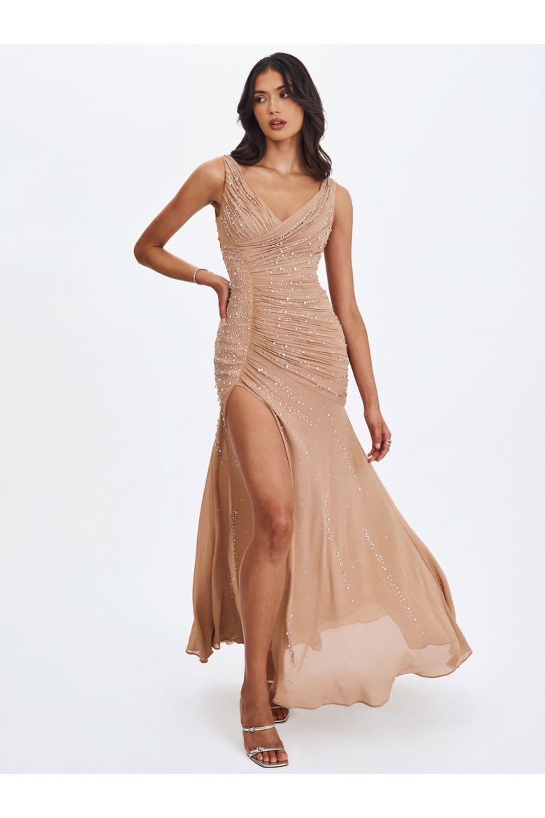 Viveca Crystal-Embellished Asymmetrical Ruched Maxi Dress, Alternate, color, Apricot