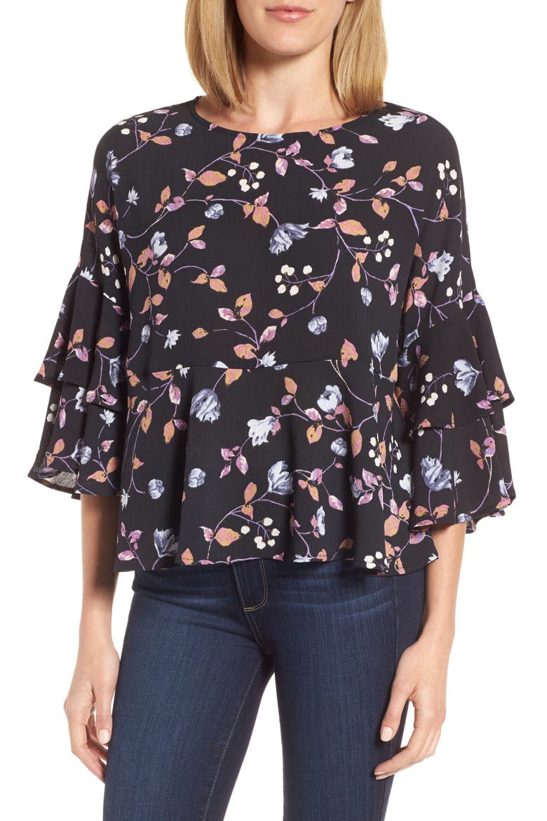Gibson Tiered Ruffle Sleeve Peplum Blouse, Main, color, BLACK/ LAVENDER PRINT