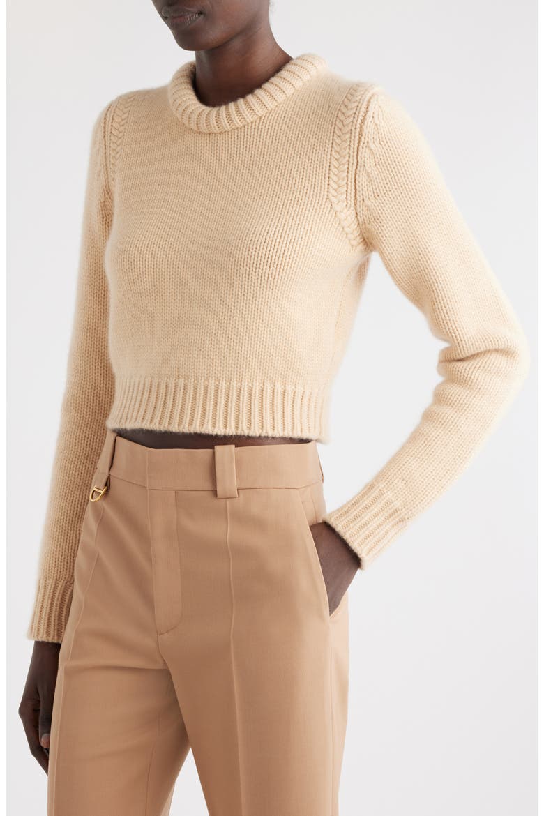 Padded Crewneck Cashmere & Cotton Crop Sweater, Alternate, color, ULTIMATE NUDE