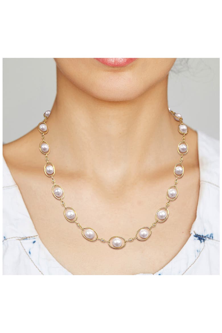 8–8.5mm Cultured Freshwater Pearl & CZ Oval Chain Necklace, Alternate, color, GOLD/ WHITE