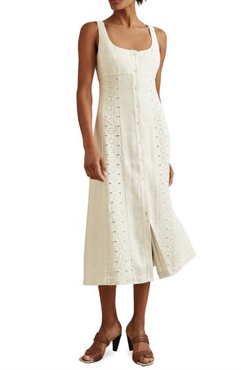 Reiss Ivory Clarice Linen Broderie Midi Dress