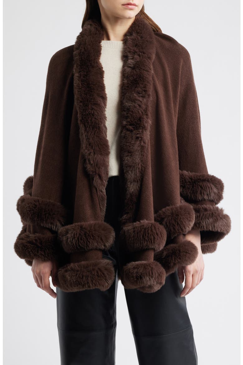 Faux Fur Trim Ruana, Main, color, CHOCOLATE