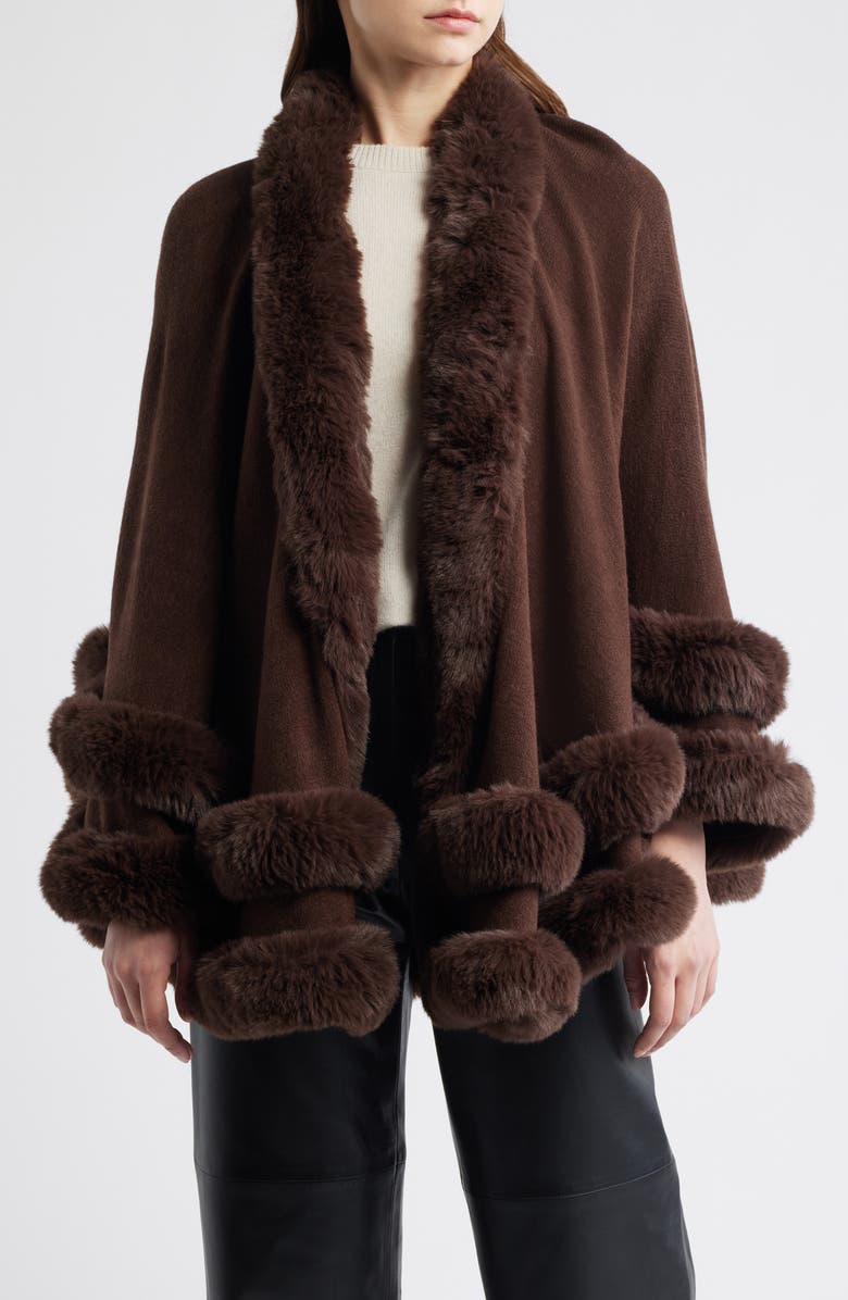 La Fiorentina Faux Fur Trim Ruana, Main, color, Chocolate