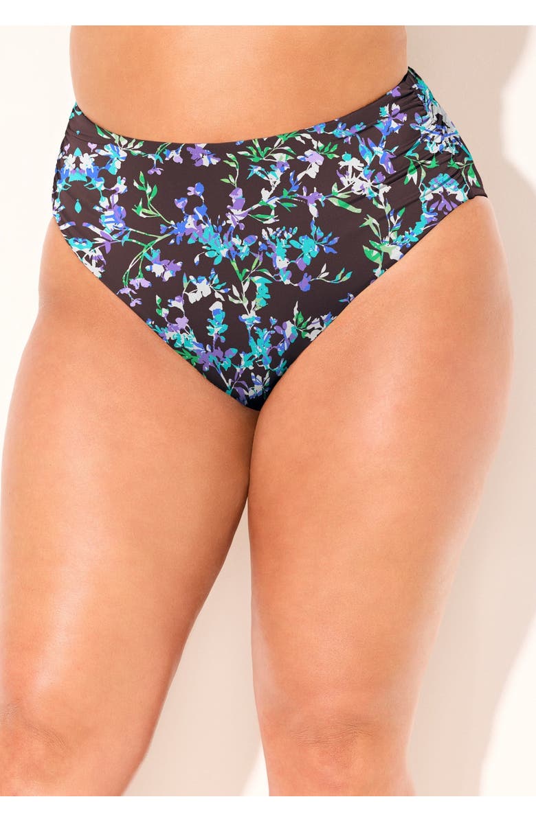 Swimsuits for All Side Shirred High Waist Swim Brief, Alternate, color, Espresso Floral