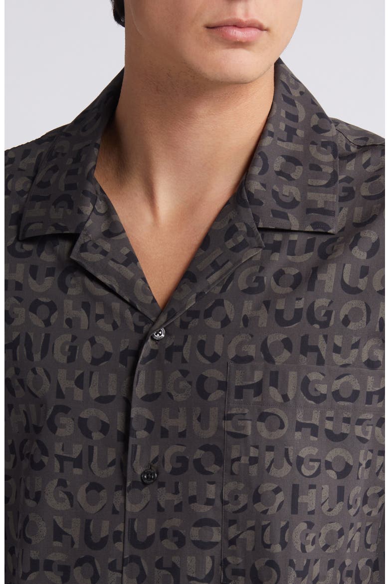 Egeeno Oversize Camo Logo Camp Shirt, Alternate, color, BLACK