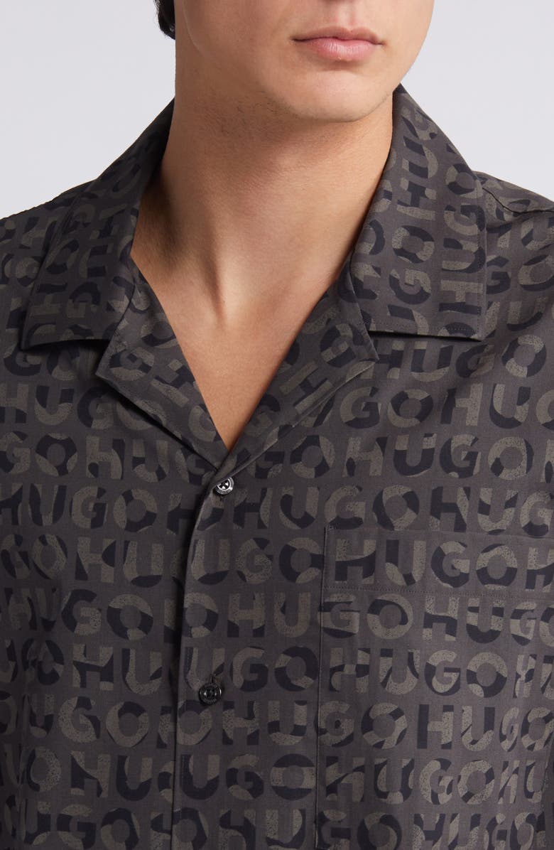 HUGO Egeeno Oversize Camo Logo Camp Shirt, Alternate, color, Black