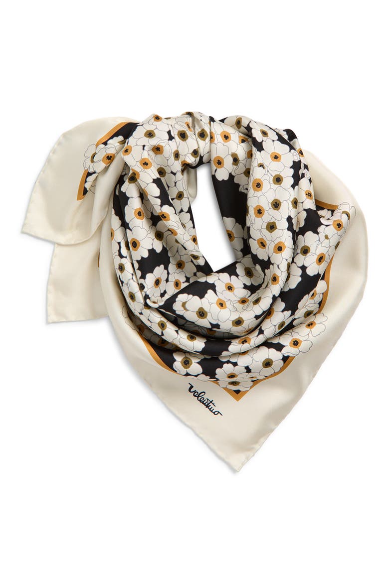 Daisy Print Silk Scarf, Alternate, color, BLACK/ IVORY
