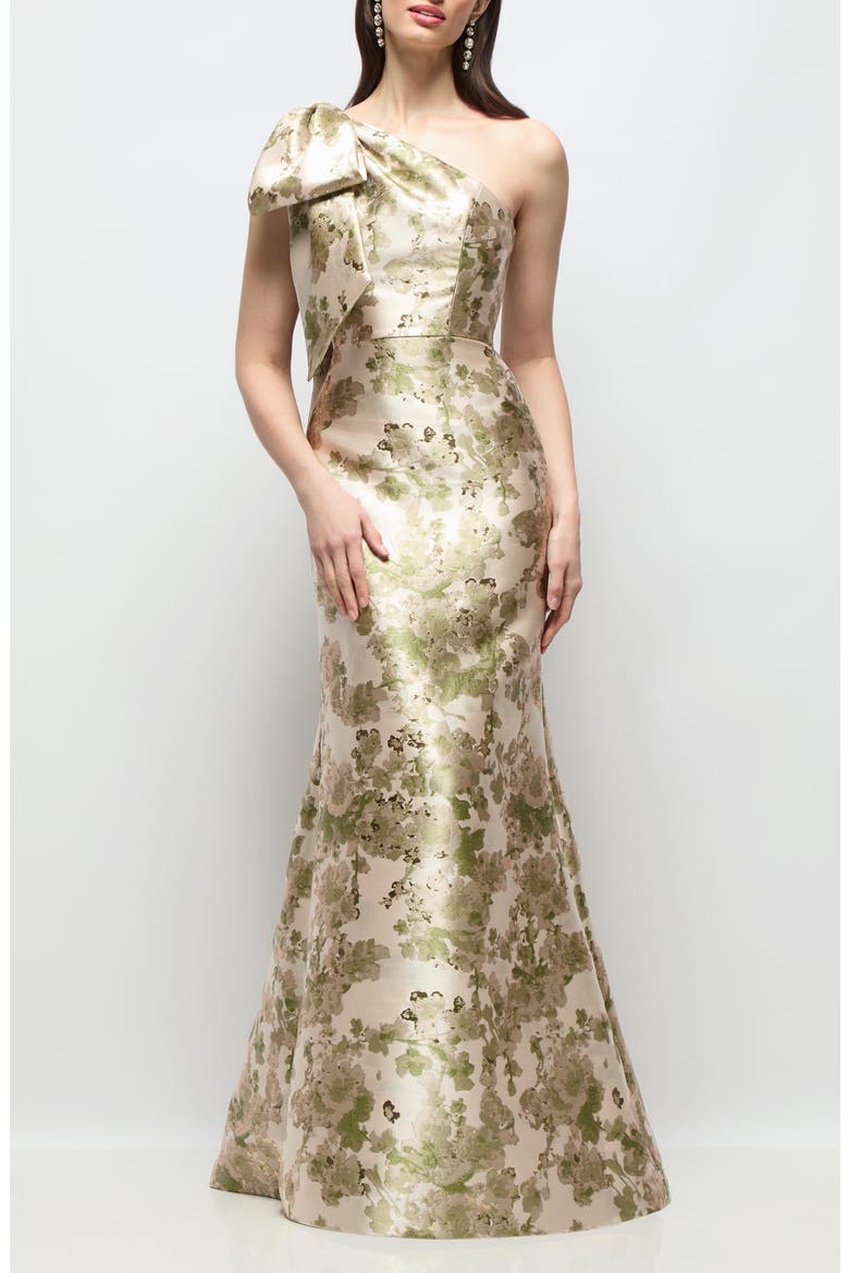 Leanor Metallic Bow Shoulder Trumpet Gown, Main, color, PERIDOT BLUSH