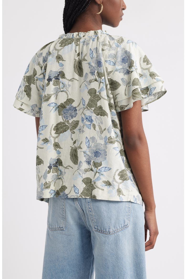 Shirred Botanical Print Linen Blend Top, Alternate, color, IVORY- OLIVE JACOBEAN BLOOM