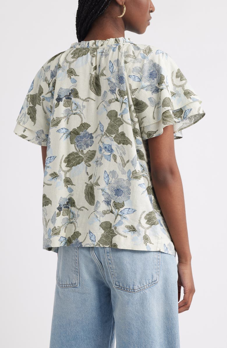 Treasure & Bond Shirred Botanical Print Linen Blend Top, Alternate, color, Ivory- Olive Jacobean Bloom