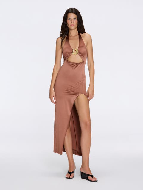 Serres Satin Halter Maxi Dress with Cut-Out and Gold Detail