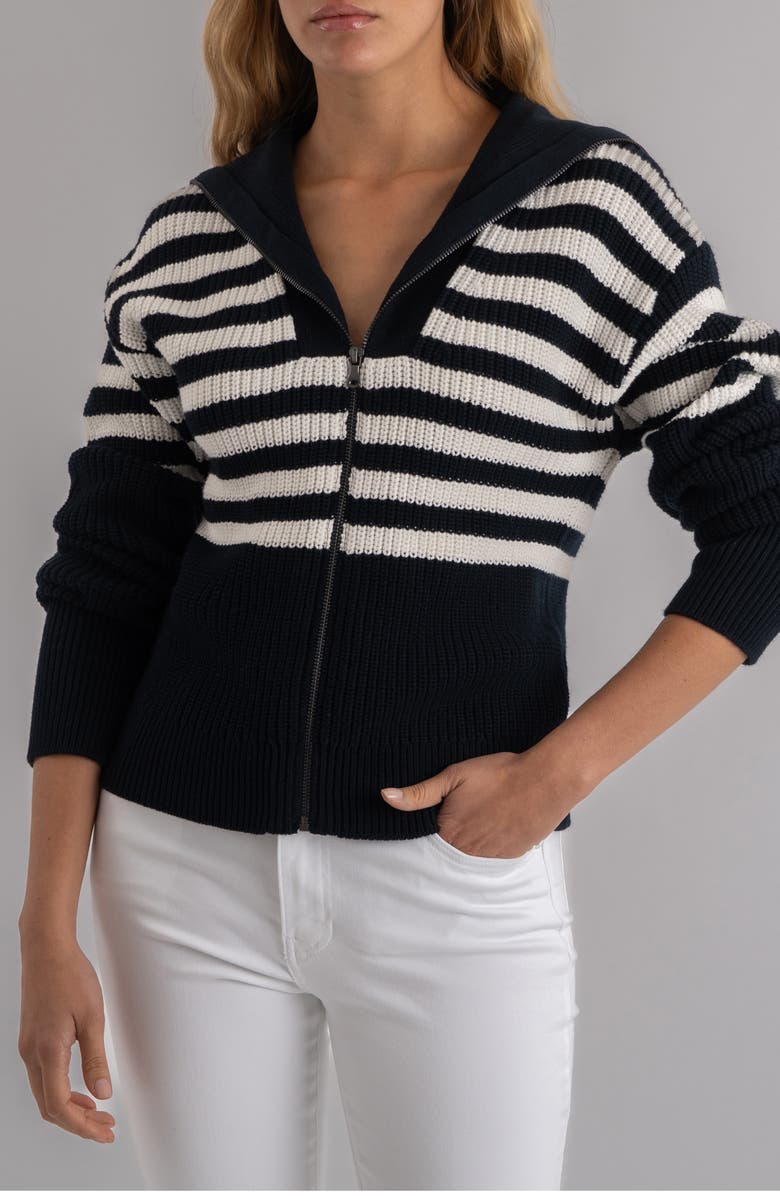 KUT from the Kloth Noelle Stripe Front Zip Cotton Sweater, Main, color, Navy/ Ivory