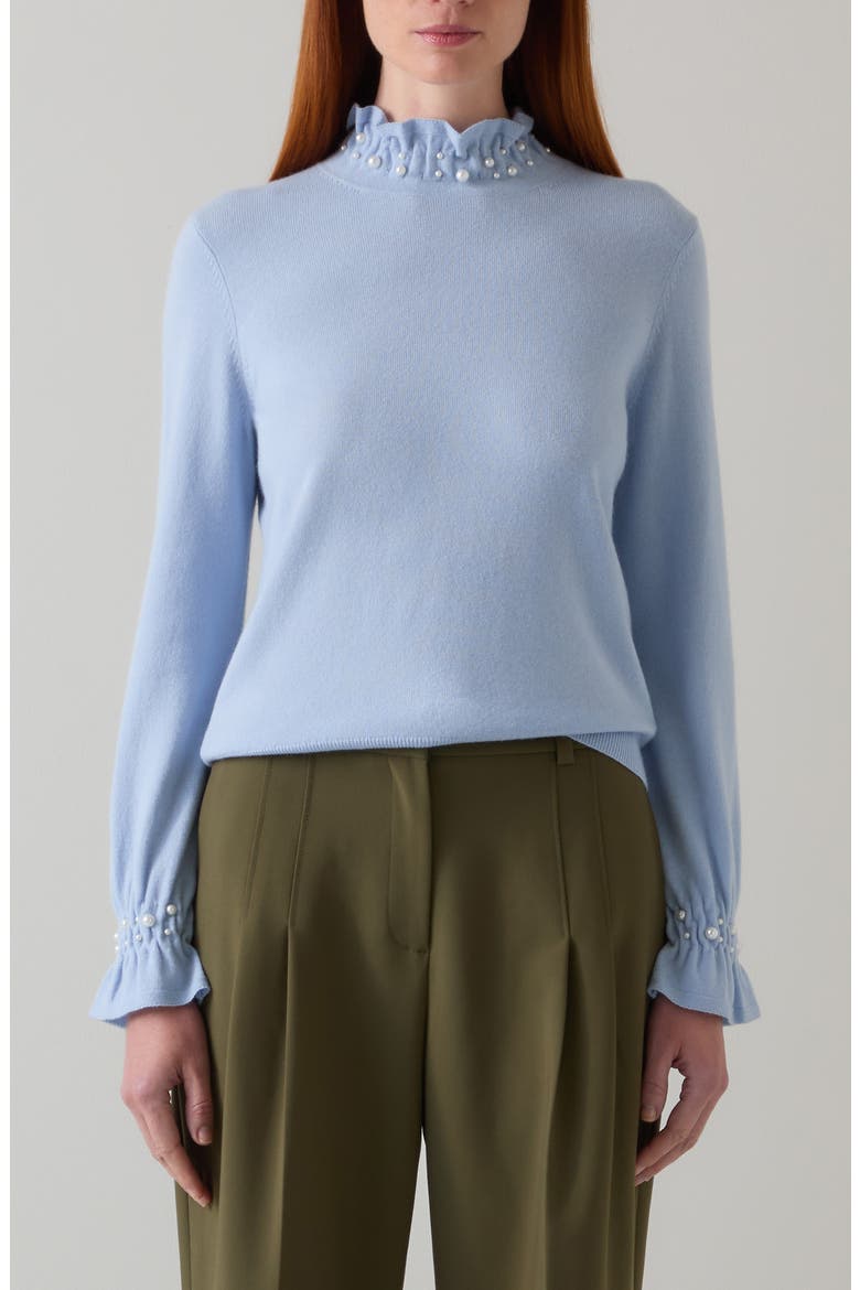 Vera Faux Pearl Accent Ruffle Sweater, Main, color, BLUE MULTI