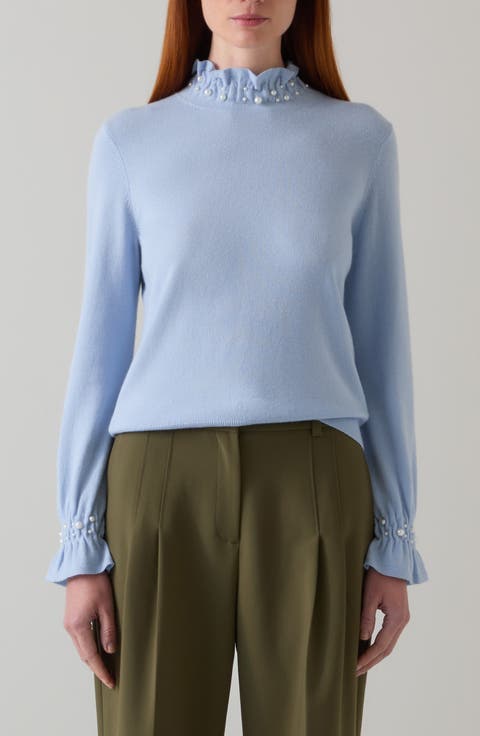 Vera Faux Pearl Accent Ruffle Sweater