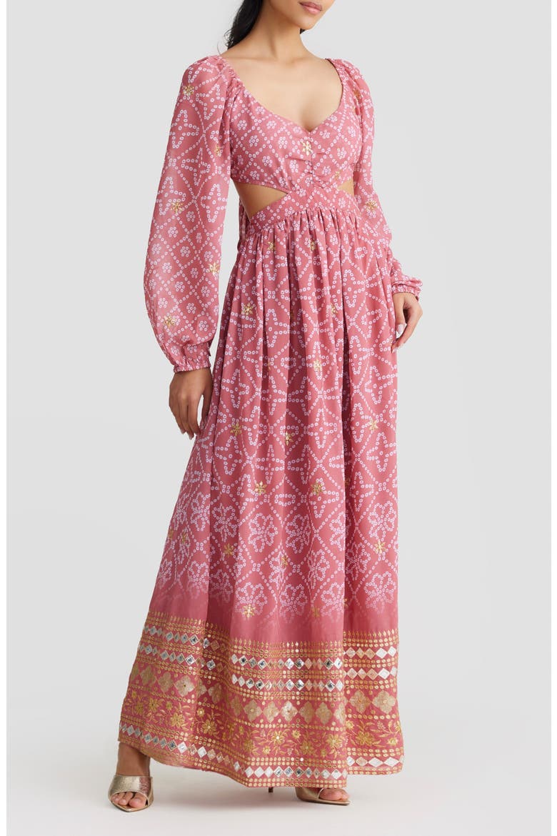 Eden Beaded Bandhani Print Long Sleeve Maxi Dress, Alternate, color, PINK