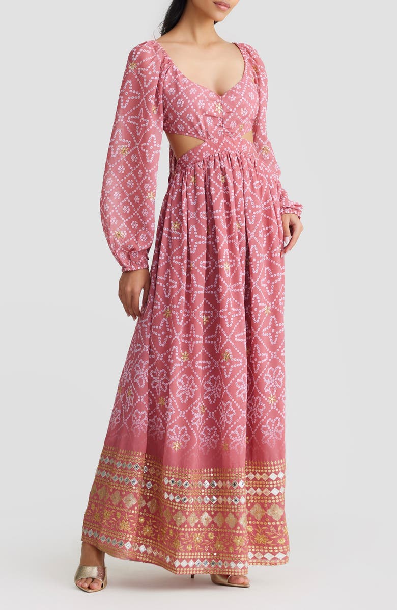 holiCHIC Eden Beaded Bandhani Print Long Sleeve Maxi Dress, Alternate, color, Pink