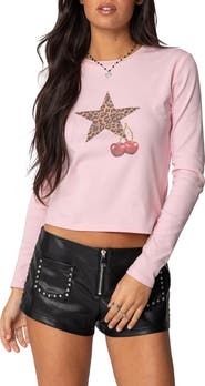 EDIKTED Cherry Leopard Star Long Sleeve Top