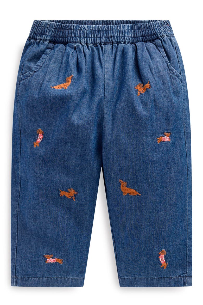 Embroidered Cotton Chambray Pull-On Pants, Main, color, CHAMBRAY DOGS