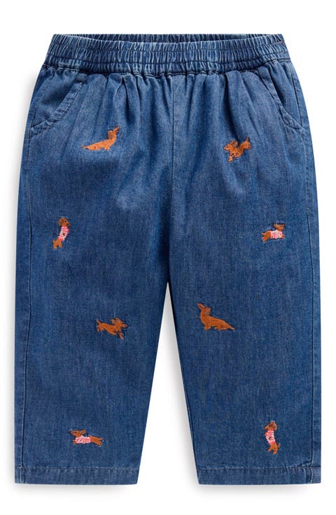 Embroidered Cotton Chambray Pull-On Pants