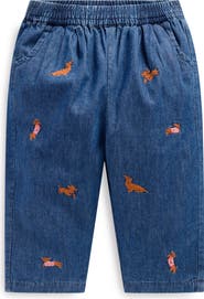 Mini Boden Embroidered Cotton Chambray Pull-On Pants