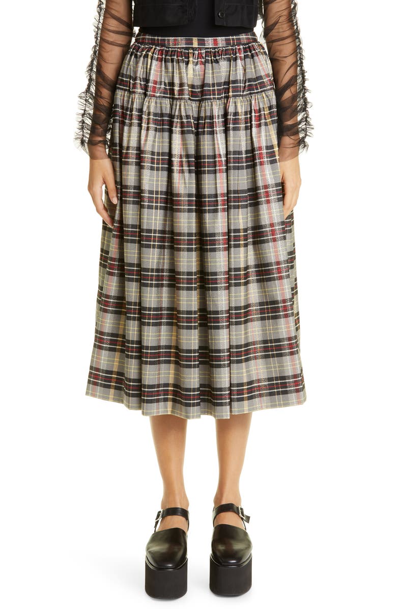 Molly Goddard Amy Metallic Tartan Gathered Midi Skirt, Main, color, 
