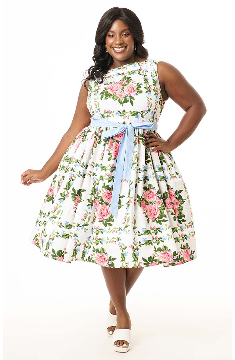 Unique Vintage Plus Size Sleeveless Belted Swing Dress, Main, color, White 
Pink Roses