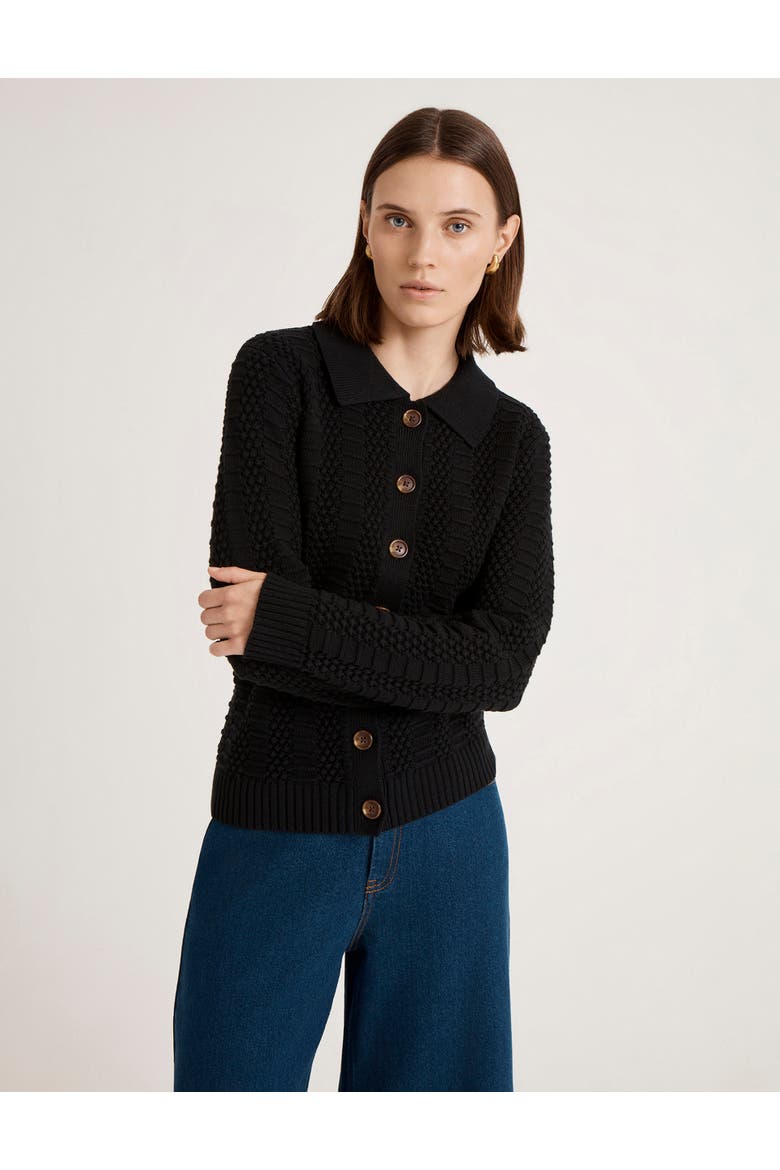 Emlyn Cotton Knitted Collared Cardigan, Alternate, color, Black