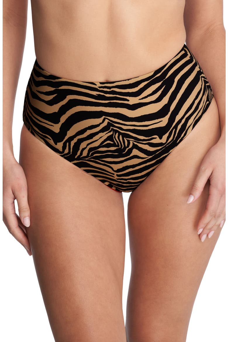 Reversible High Waist Bikini Bottoms, Main, color, CAMEL ZEBRA / POINSETTIA