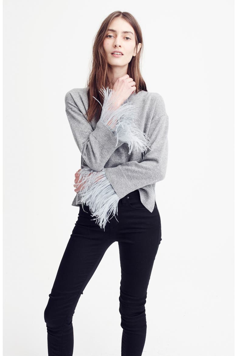 Feather Sleeve Crewneck Sweater, Alternate, color, HEATHER GREY