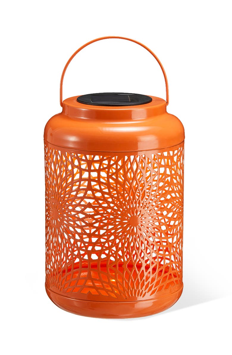 Glitzhome Metal Cutout Scrollwork Solar Powered Outdoor Hanging Lantern with LED Light, Main, color, Orange