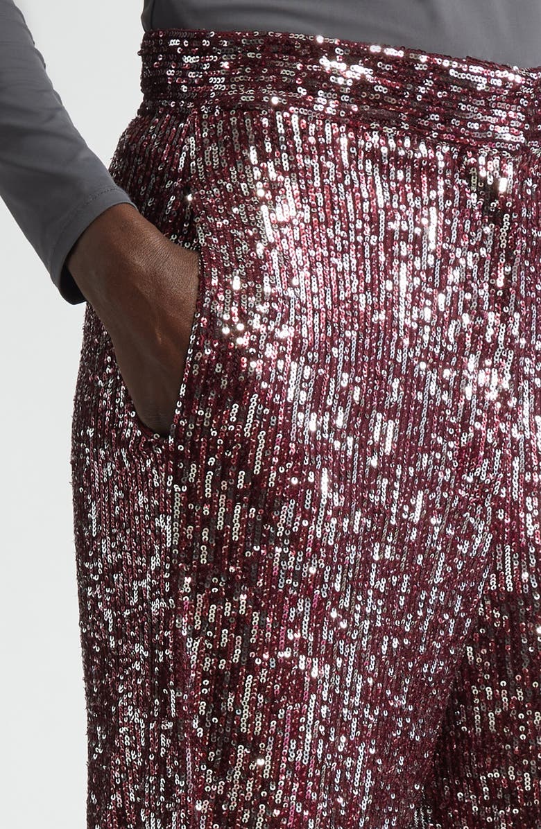 ST. JOHN Sequin Embroidered Wide Leg Pants, Alternate, color, Oxblood