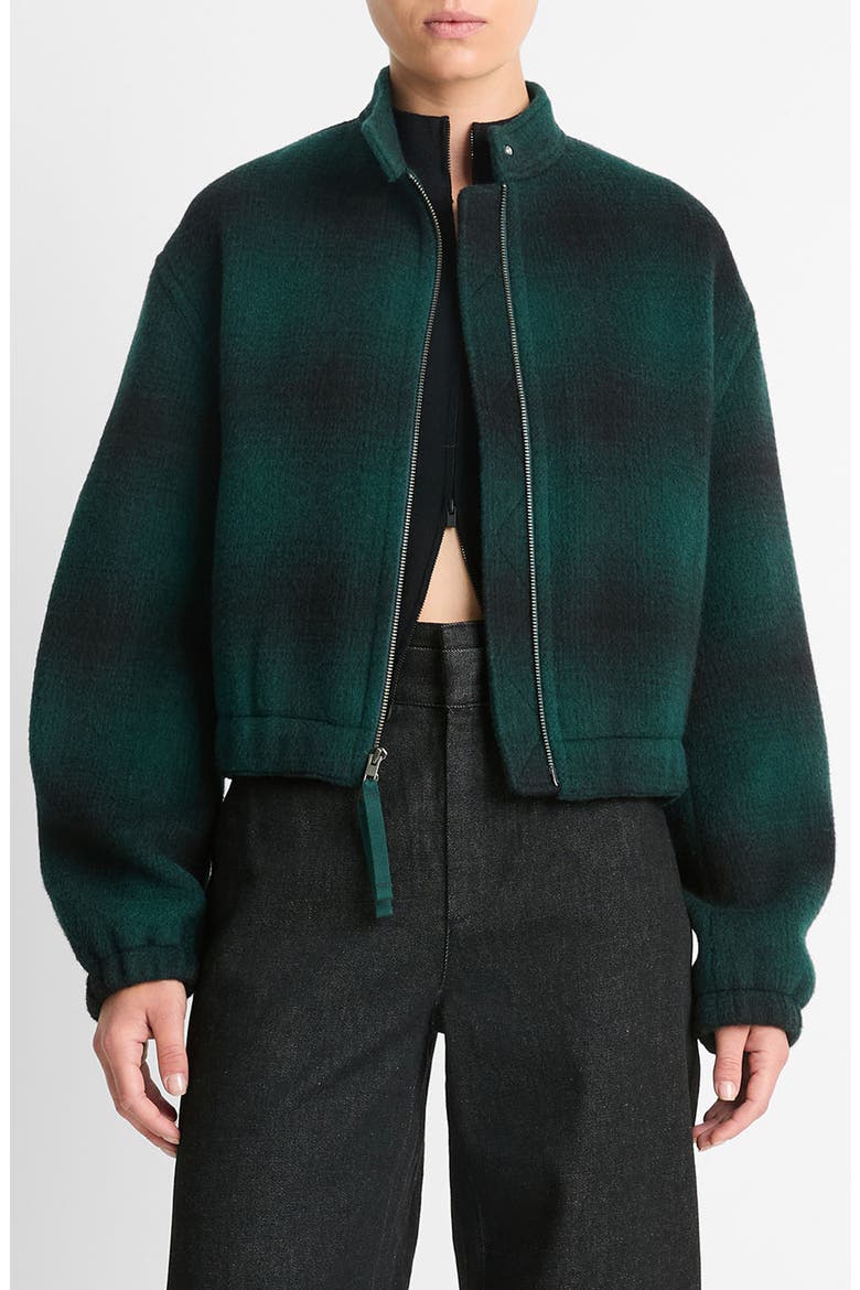 Shadow Plaid Wool Blend Bomber Jacket, Main, color, JUNIPER