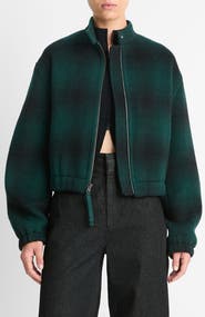 Vince Shadow Plaid Wool Blend Bomber Jacket