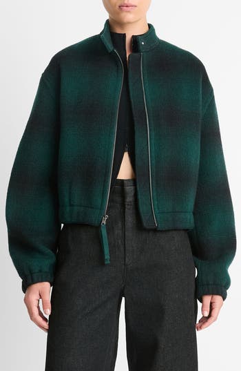 Vince Shadow Plaid Bomber Jacket In Juniper