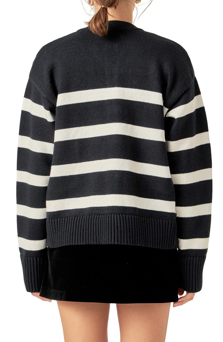 English Factory Stripe Zip-Up Cardigan, Alternate, color, Black/ Ivory