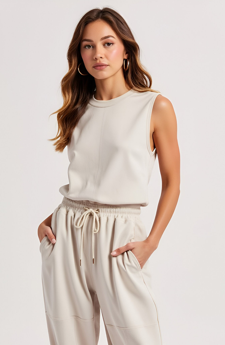 Modenaire Sleeveless Rib Knit Top and High Waist Jogger Set with Drawstring Waist, Alternate, color, 