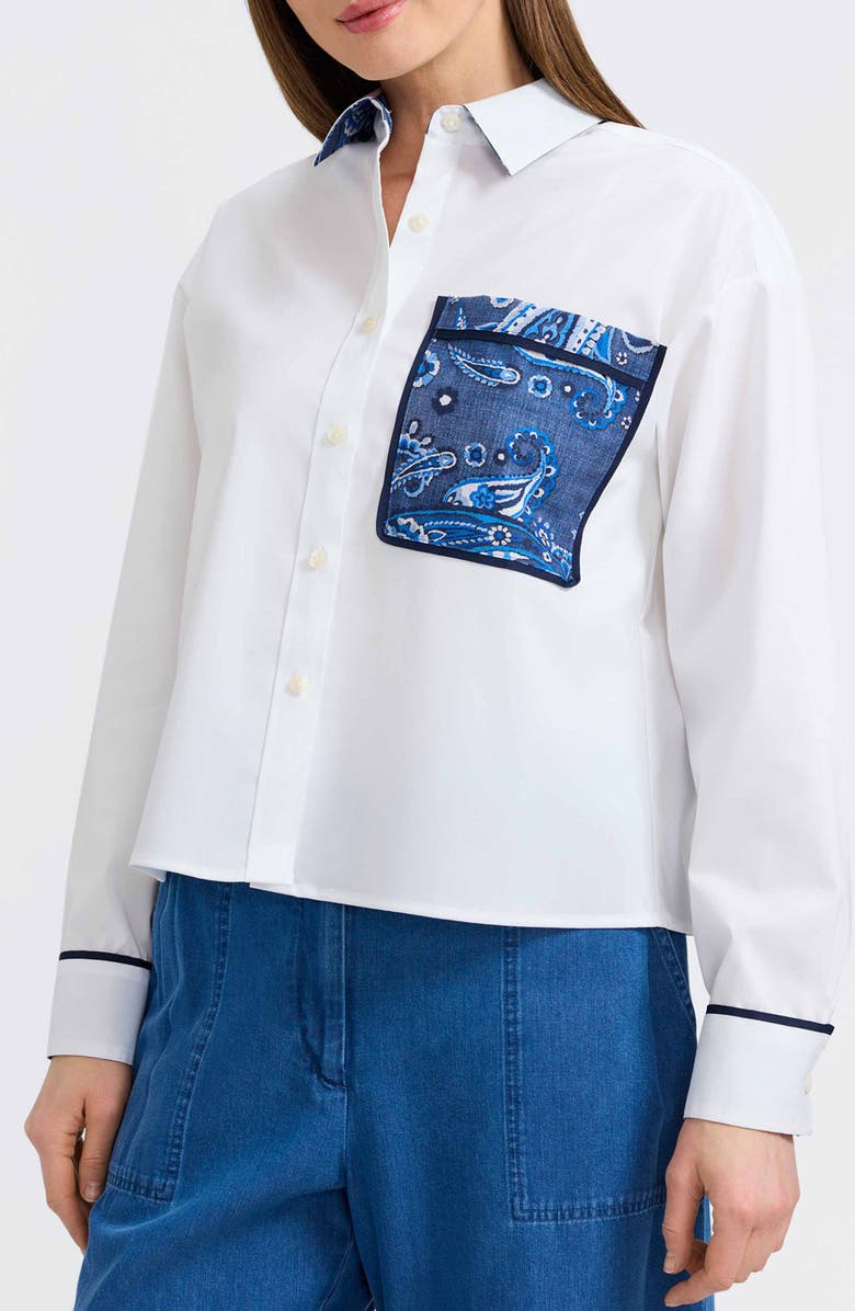 Foxcroft Marina Contrast Trim Cotton Button-Up Shirt, Alternate, color, White/ Multi