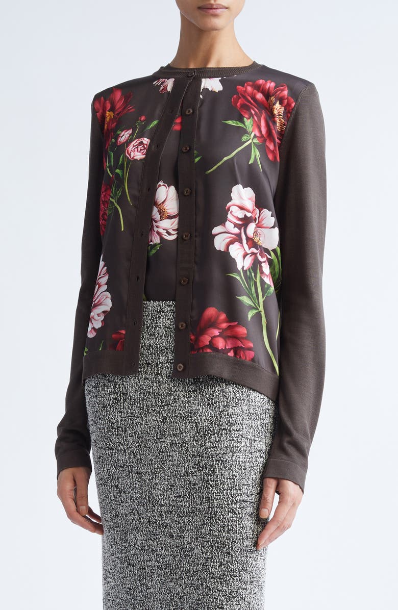 Oscar de la Renta Peony Print Silk Blend Cardigan, Main, color, Brown Multi