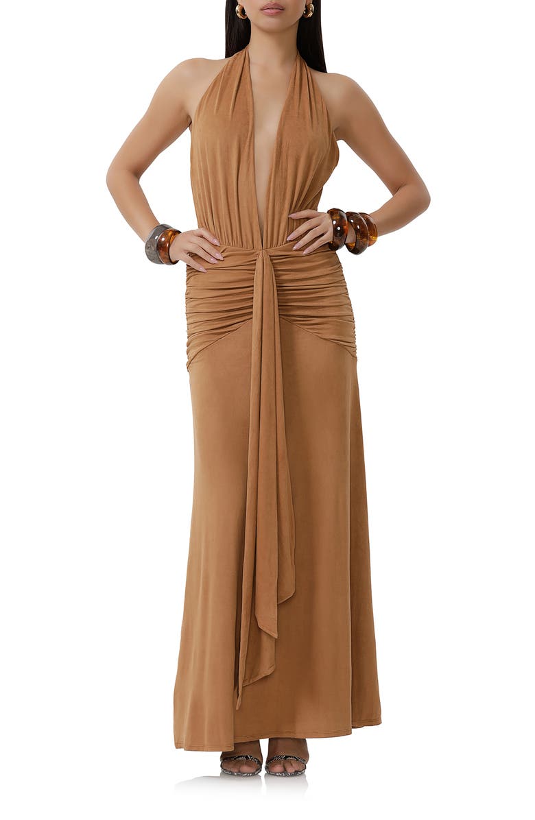 AFRM Heidi Plunge Halter Neck Faux Suede Maxi Dress, Main, color,