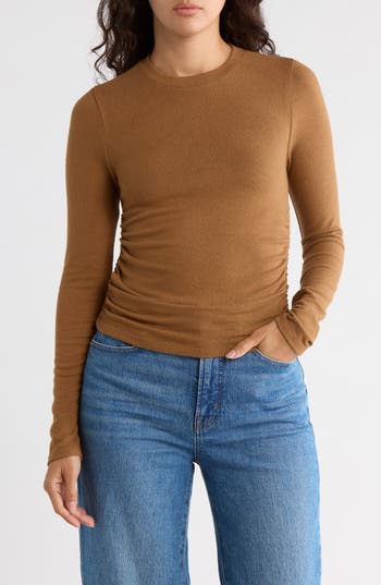 Madewell Long Sleeve Ruched Brushed Jersey Top In Pecan Shell