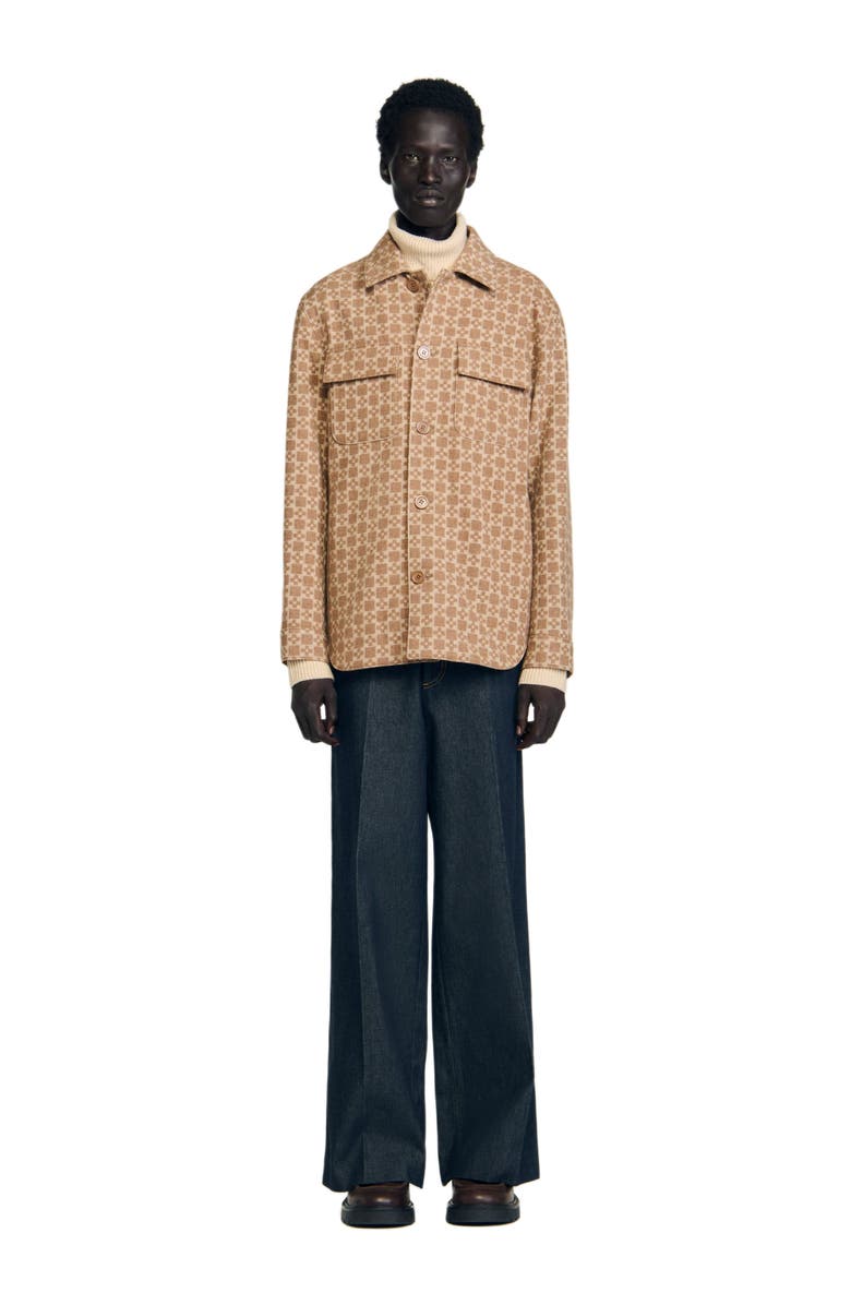 SANDRO Square Cross jacquard overshirt, Alternate, color, Camel