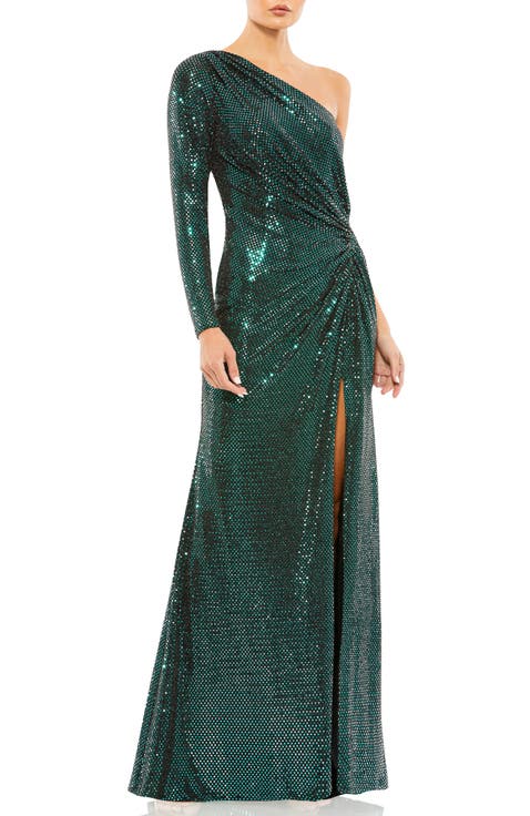 Sequined One Sleeve Draped Gown