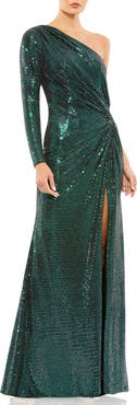 Mac Duggal Sequined One Sleeve Draped Gown