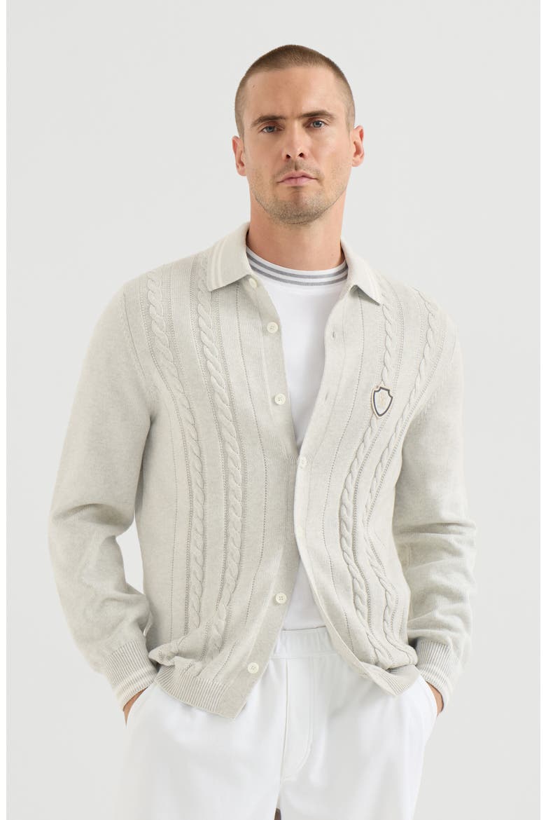 Cotton cable knit shirt with logo, Main, color, White