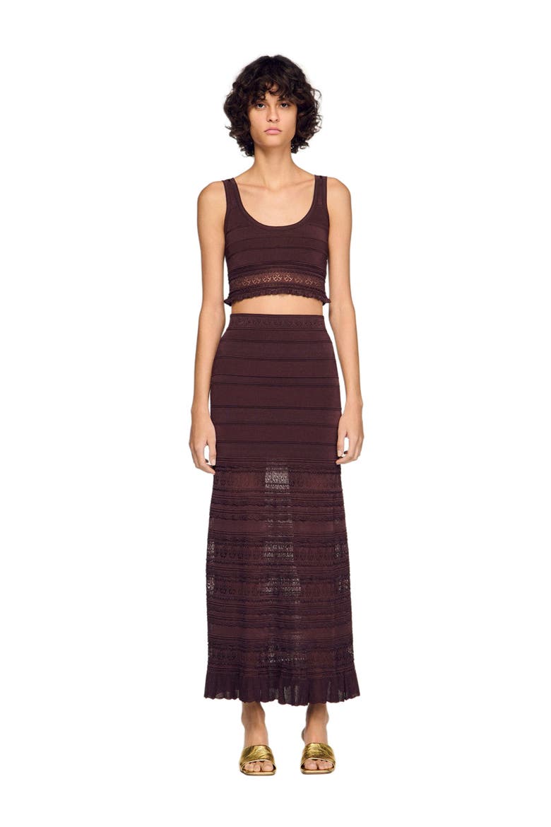 Pointelle knit crop top, Main, color, Brown