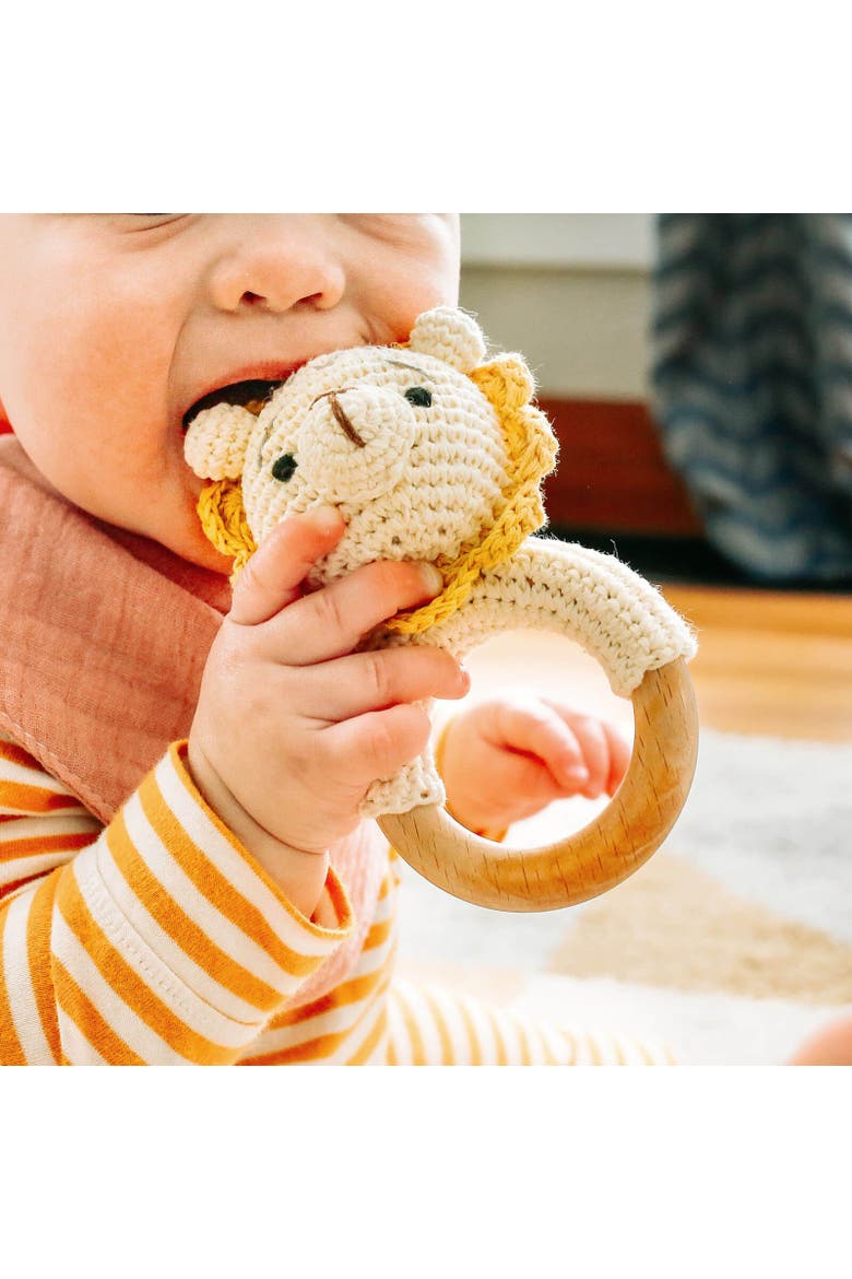 Baby Interactive Wooden Toy Rattle with Crochet Animal, Alternate, color, Lion