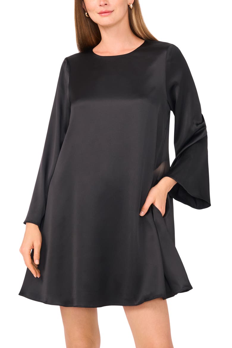 Long Sleeve Satin Minidress, Alternate, color, RICH BLACK