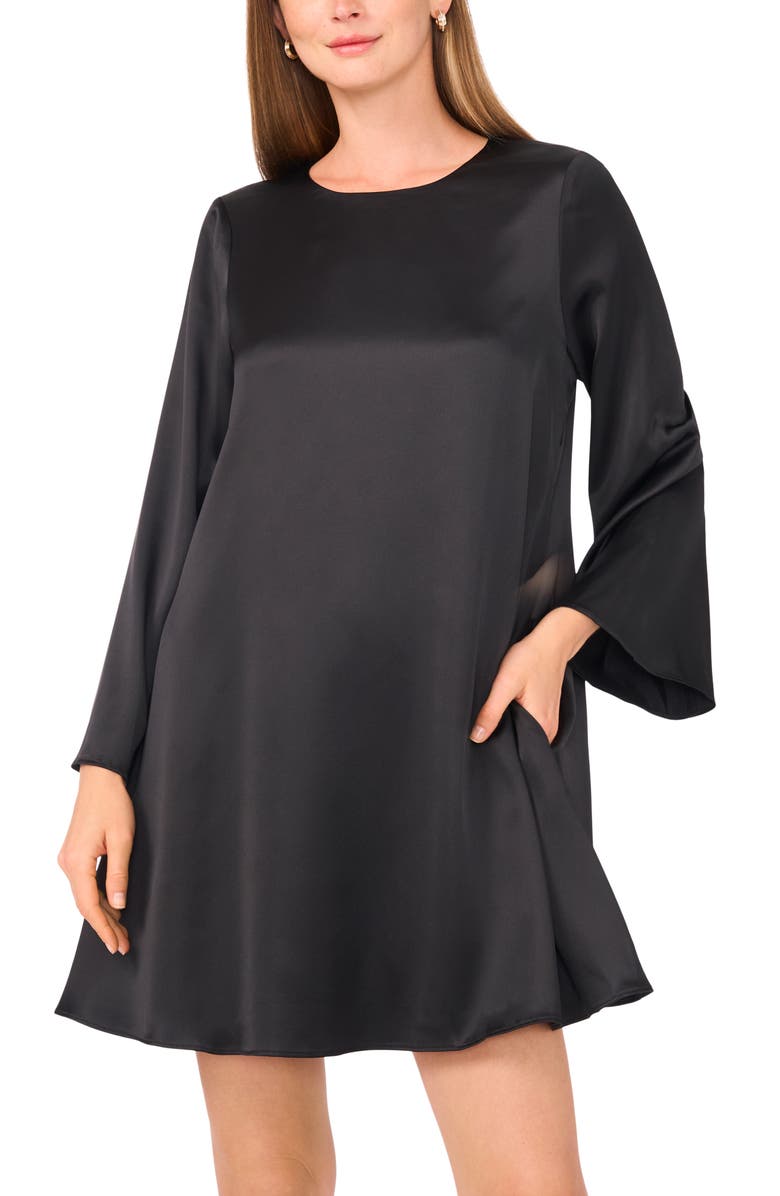 Vince Camuto Long Sleeve Satin Minidress, Alternate, color, Rich Black