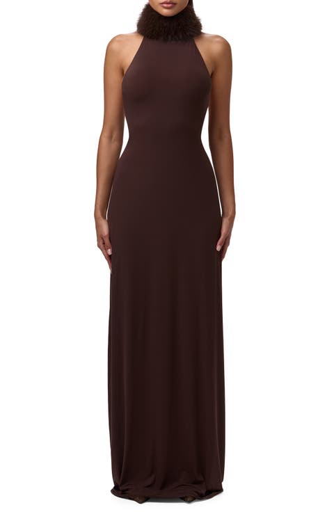 Halter Dress with Removable Faux Fur Collar