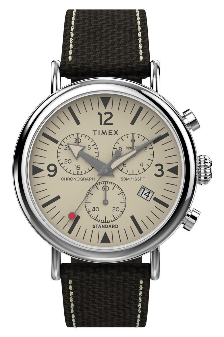 Standard Chronograph Leather Strap Watch, 41mm, Main, color, SILVER/ CREAM/ BROWN